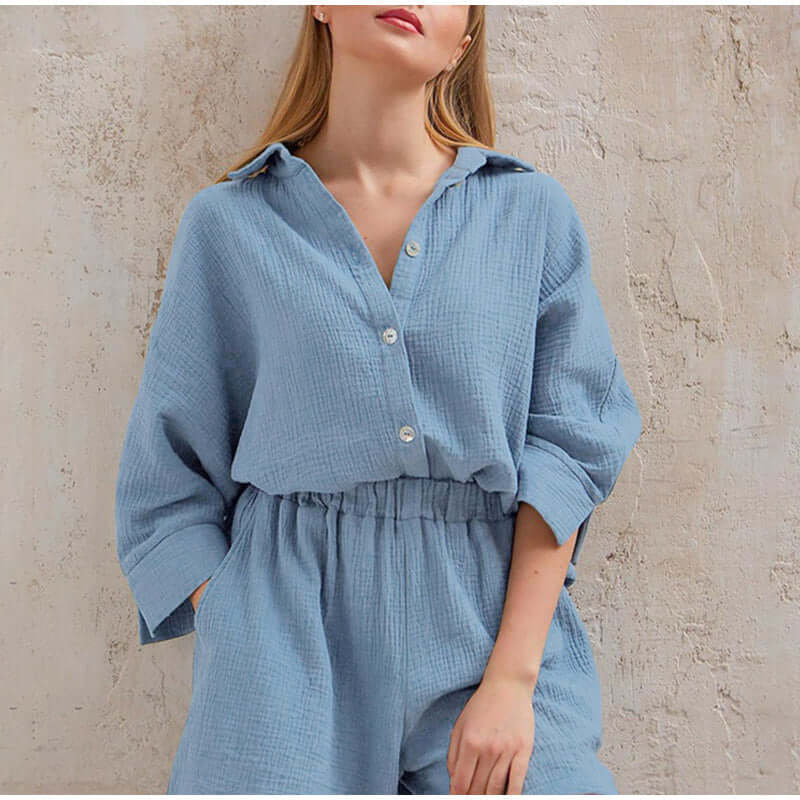 Tvådelat set i slubväv | Button-Up | Sommar | Shorts och skjorta Set | Slubväv Co-Ord Set Dam-Mira Lina