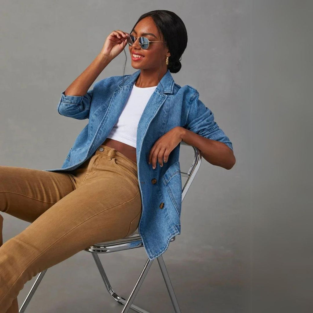 Twillväv Blazer | Lång | Blå | Twillvävjacka | Blazer för kvinnor-Mira Lina