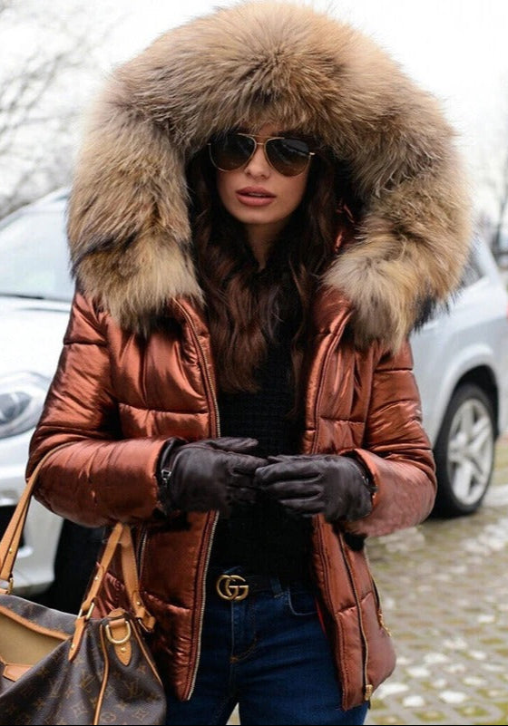 Vadderad jacka - Glansig - Dragkedja - Kappa med långluggigt tygkrage - Vinterjacka för dam-Mira Lina