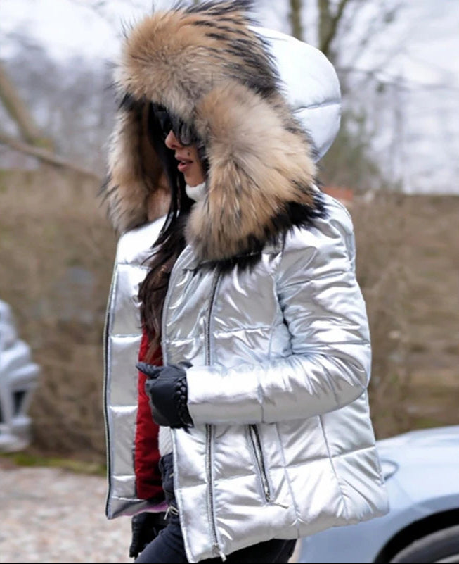 Vadderad jacka - Glansig - Dragkedja - Kappa med långluggigt tygkrage - Vinterjacka för dam-Mira Lina