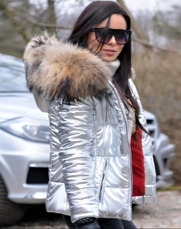 Vadderad jacka - Glansig - Dragkedja - Kappa med långluggigt tygkrage - Vinterjacka för dam-Mira Lina