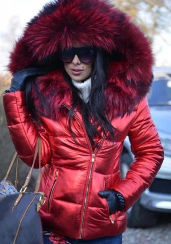 Vadderad jacka - Glansig - Dragkedja - Kappa med långluggigt tygkrage - Vinterjacka för dam-Mira Lina