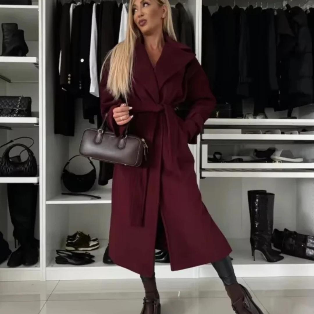 Vinröd trenchcoat - Lång trenchcoat i ull med bälte för kvinnor-Mira Lina