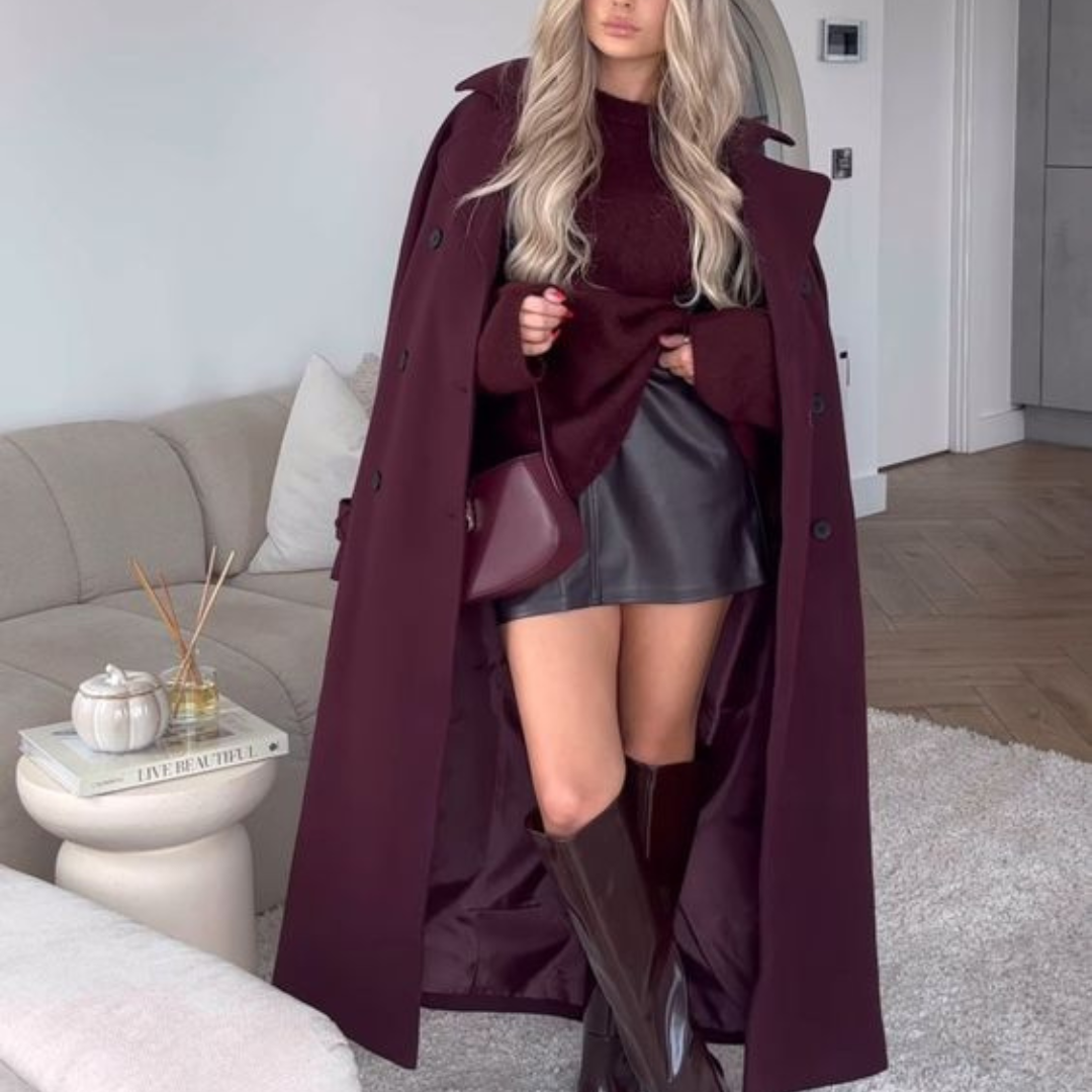 Vinröd trenchcoat - Lång trenchcoat i ull med bälte för kvinnor-Mira Lina
