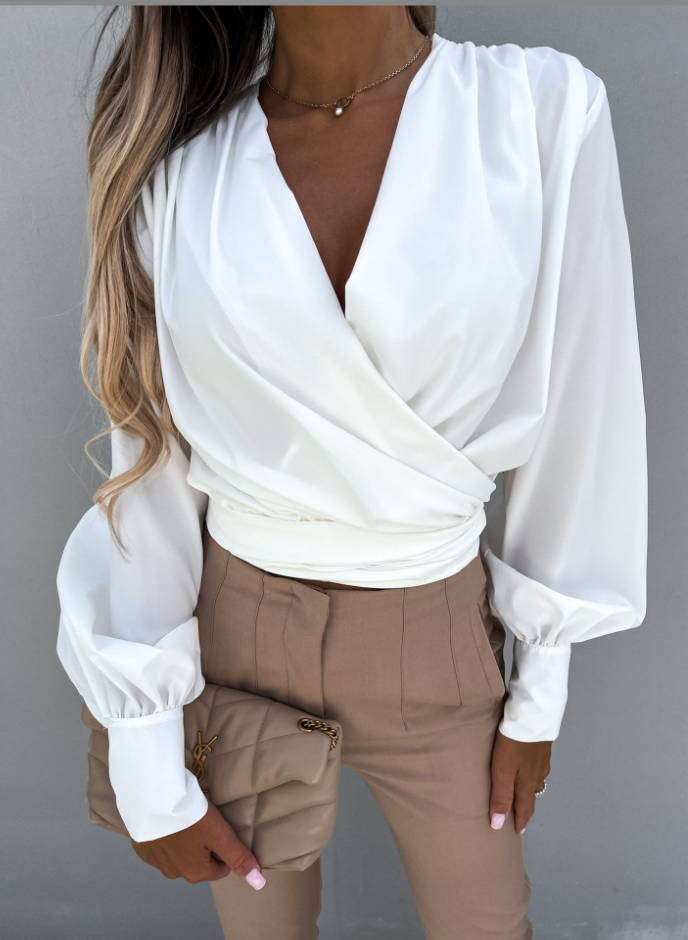 Vit blus - Långärmad - Lanternärmad - V-neckad blus - Blus för kvinnor-Mira Lina