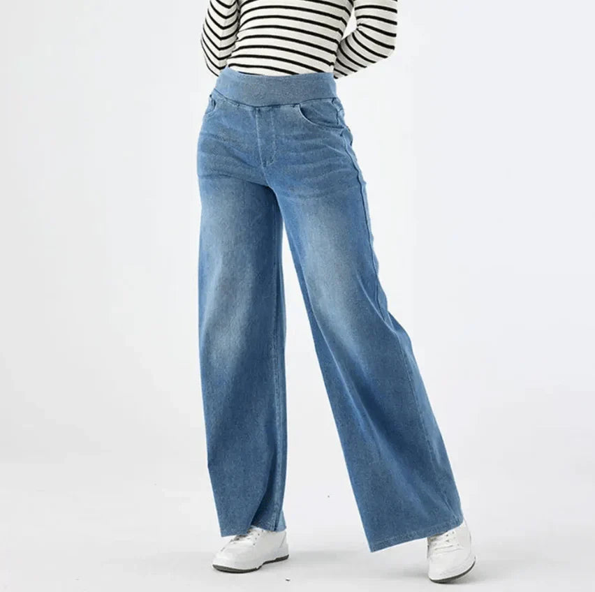 Wide Leg Jeans - Damjeans med elastisk midja och lös passform-Mira Lina