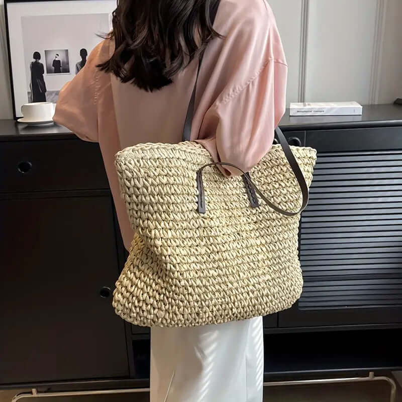 Woven Bag - Shopper Tote Bag i vävt tyg för kvinnor med syntetmaterial med strukturremmar-Mira Lina
