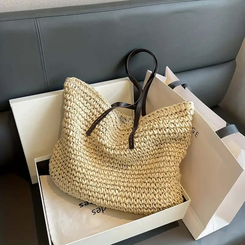 Woven Bag - Shopper Tote Bag i vävt tyg för kvinnor med syntetmaterial med strukturremmar-Mira Lina