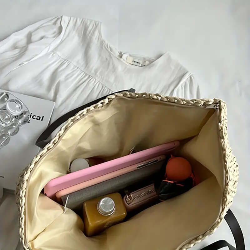 Woven Bag - Shopper Tote Bag i vävt tyg för kvinnor med syntetmaterial med strukturremmar-Mira Lina