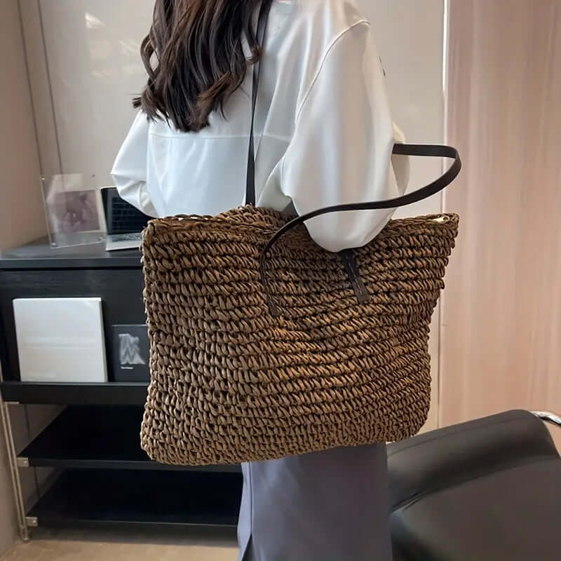 Woven Bag - Shopper Tote Bag i vävt tyg för kvinnor med syntetmaterial med strukturremmar-Mira Lina