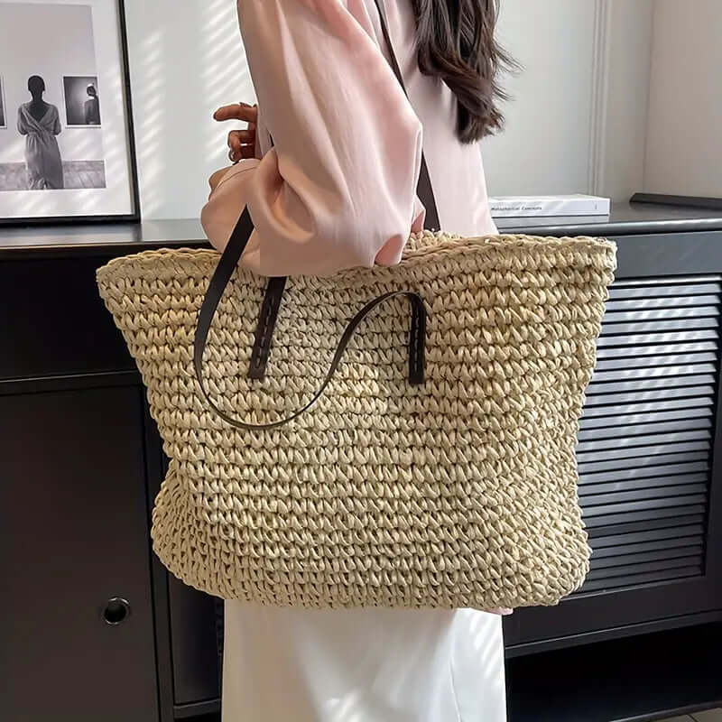 Woven Bag - Shopper Tote Bag i vävt tyg för kvinnor med syntetmaterial med strukturremmar-Mira Lina